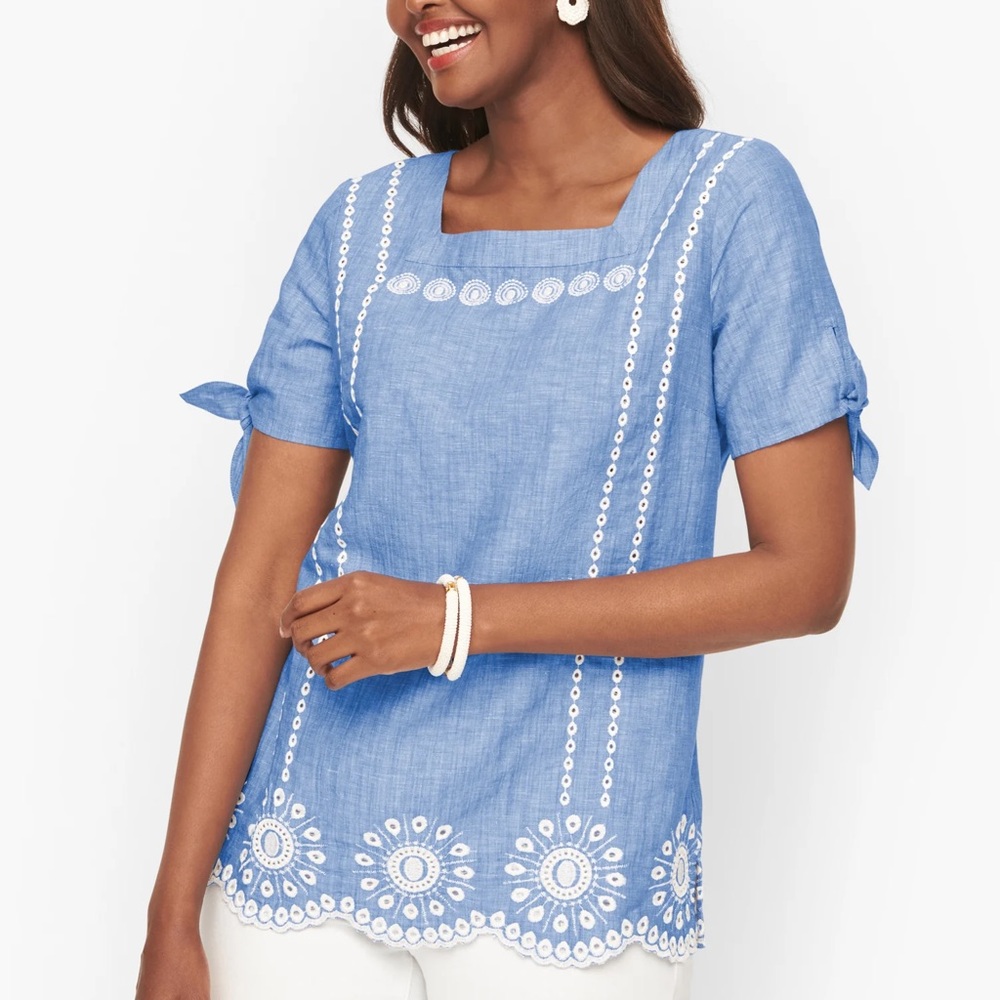 Talbots Women's Plus‎ Blue Linen Embroidered Square Neck Top Sz 2X EUC